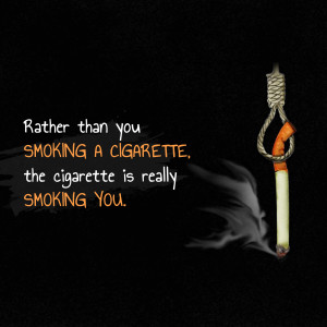 Image depicting a noose formed from a cigarette, with text about the dangers of smoking.