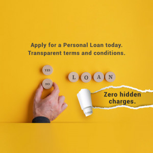 Hand pressing 'YES' button next to loan pills with a torn paper revealing 'Zero hidden charges'.