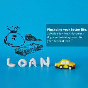Image depicting loan options with money bag, coins, documents, and a car.
