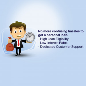 Cartoon illustration of a businessman offering a personal loan with benefits listed.