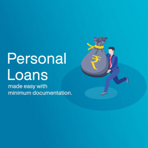 Illustration of a man carrying a bag of money with the text 'Personal Loans made easy with minimum documentation.'
