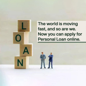 Wooden blocks spelling LOAN with miniature businessmen in the foreground, promoting online loan applications.