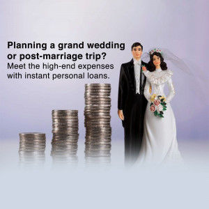 Wedding couple figurine standing in front of stacks of coins, representing wedding expenses and financial solutions.