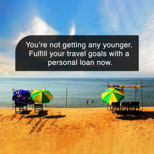 Beach scene with umbrellas and text promoting travel loans