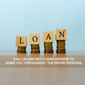 Wooden blocks spelling 'LOAN' stacked on coins with text 'Call us and get a loan advisor'