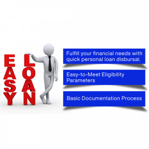 3D rendering of a man leaning on large block letters spelling 'EASY LOAN' with text about loan benefits.