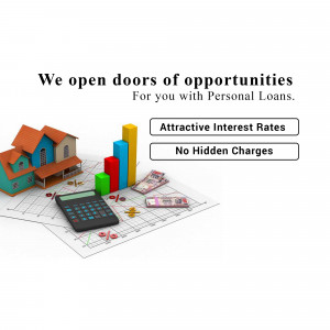 Image depicting financial opportunities with a house, charts, calculator, and money, promoting personal loans.