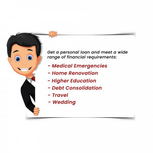 Cartoon man presenting a list of financial needs covered by personal loans.