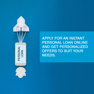 Paper rocket and phone graphic promoting instant personal loans