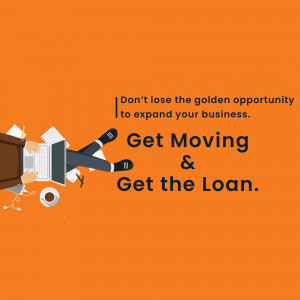 Illustration of a person reaching for a laptop and papers with text promoting business loans.