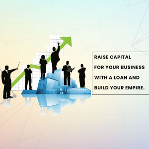Business professionals climbing a graph representing growth and success with text 'Raise Capital for Your Business'