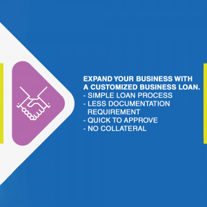 Image promoting customized business loans with a handshake icon and key benefits.