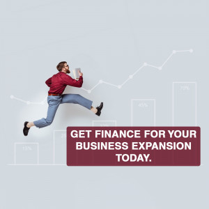 Man running towards a rising graph with text about business finance.