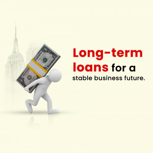 A 3D figure carrying a stack of money with the Empire State Building in the background, promoting long-term business loans.