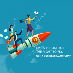 Illustration of people riding a rocket symbolizing business growth and achieving goals.