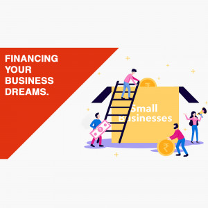 Illustration of people building a house on top of coins, representing business financing.