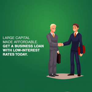 Two businessmen shaking hands with text promoting affordable business loans.