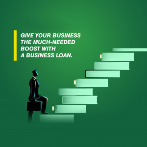 Man sitting on steps made of books with text promoting business loans