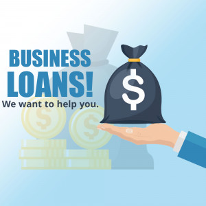 Illustration of a hand holding a bag of money with the text 'Business Loans!'