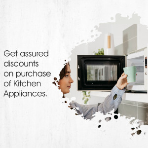 Woman reaching into a microwave with coffee, promoting kitchen appliance discounts.