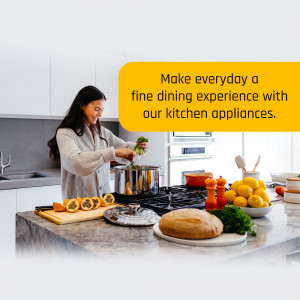 Woman preparing food in a modern kitchen with kitchen appliances.
