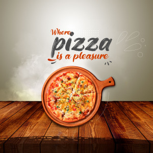 A delicious pizza on a wooden surface with a motivational quote.