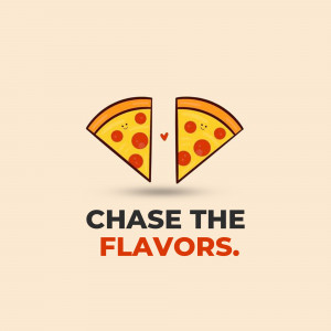 Two cartoon pizza slices facing each other with a heart between them and the text 'Chase the Flavors'.