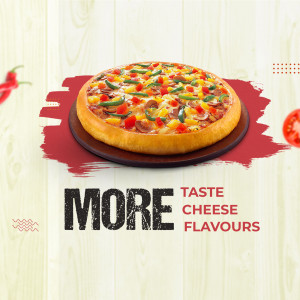 A close-up of a pizza topped with vegetables and cheese, with a promotional text 'MORE CHEESE FLAVOURS'.
