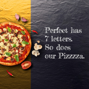 A delicious mushroom pizza with a playful text overlay.