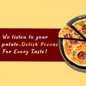 Close-up of pepperoni pizza slices with text 'We listen to your palate. Delish Pizzas For Every Taste!'