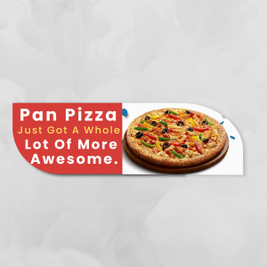 Close-up of a pan pizza with colorful toppings on a red and white promotional banner.