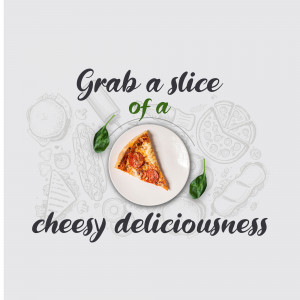 A single slice of pepperoni pizza on a white plate with hand-drawn illustrations of other food items.