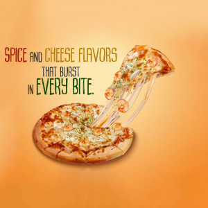 A close-up of a pizza slice with shrimp and melted cheese, showcasing spice and cheese flavors.