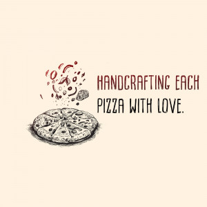 Illustration of a pizza with tomato slices and the text 'Handcrafting Each Pizza with Love'