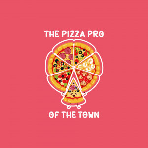 Cartoon logo of a pizza shaped like a hot air balloon with the text 'The Pizza Pro of the Town'