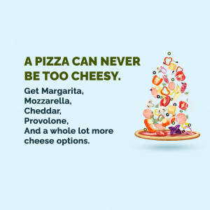 Pizza with various cheese toppings and a light blue background.