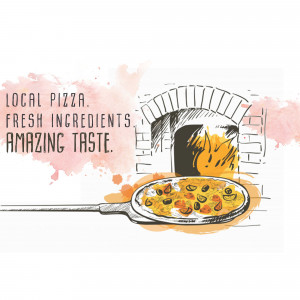 Illustration of a pizza being pulled from a brick oven with text 'Local Pizza. Fresh Ingredients. Amazing Taste.'