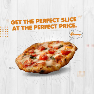 Delicious pizza slice with tomato toppings and melted cheese, advertising a special price.