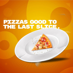 A single slice of pizza on a white plate with an orange background.