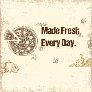 Vintage style illustration of pizza with fresh ingredients.