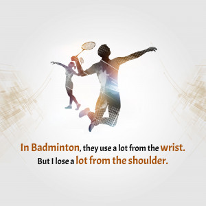 Silhouette of badminton players in action with text about wrist and shoulder movement.