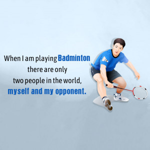 Illustration of a badminton player in action with motivational text.