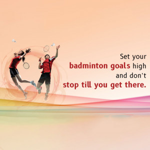 Two badminton players in action with motivational text.