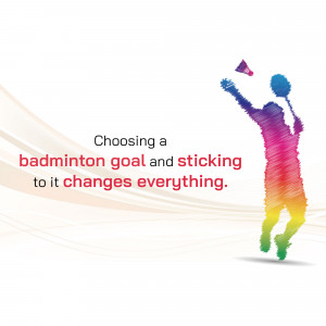Colorful illustration of a badminton player serving with motivational text.