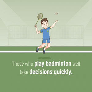 Cartoon illustration of a young man playing badminton