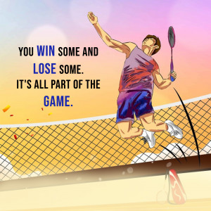 Badminton player jumping to hit the shuttlecock with motivational quote.