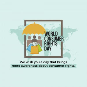 Illustration depicting people with shopping bags under an umbrella with the text 'World Consumer Rights Day'