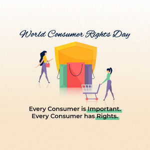 Illustration depicting people shopping with the text 'World Consumer Rights Day' and 'Every Consumer is Important. Every Consumer has Rights.'