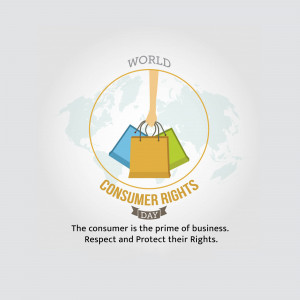 Illustration for World Consumer Rights Day with shopping bags and a globe.
