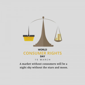 Illustration depicting a balance scale with a basket of goods on one side and a stack of coins on the other, representing consumer rights.